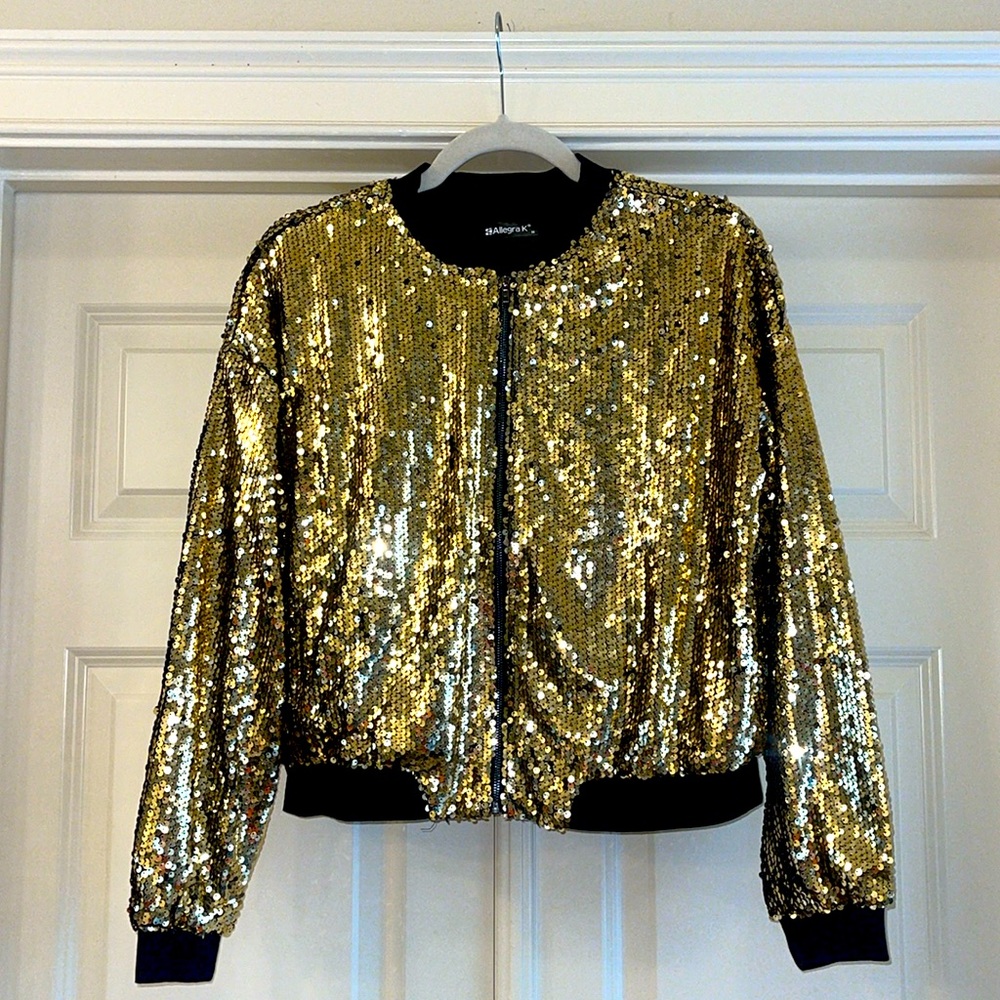 Allegra K gold sequin zippered medium bomber jacket